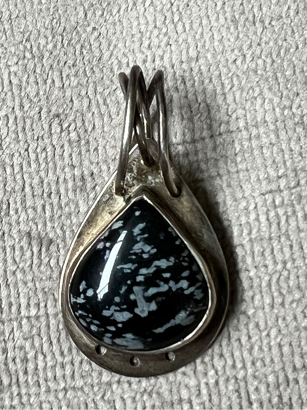 Sterling Silver Snowflake Obsidian Teardrop Pendant Artisan Signed Vintage